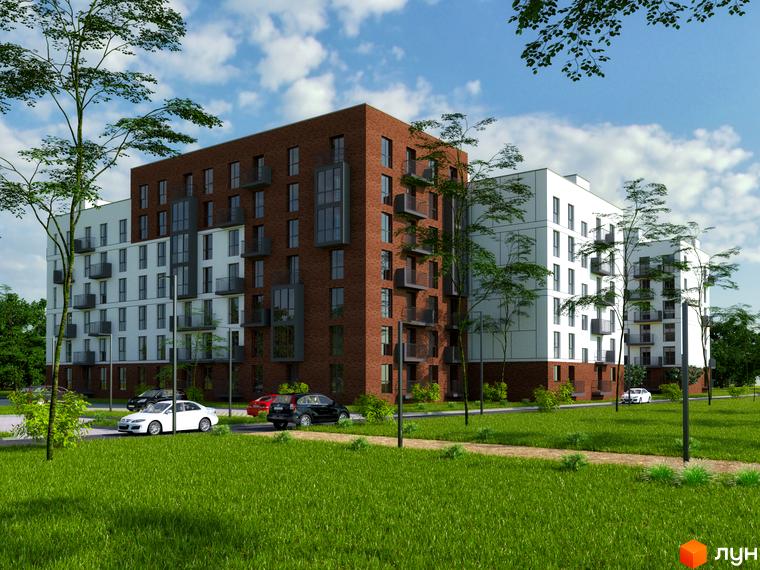 Житловий комплекс Проект Парк з фасадами з цегли та білих панелей, балконами та великими вікнами. Навколо зелений газон, дерева та парковка.