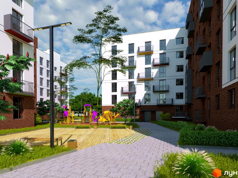 Новобудова Проект Парк: житлові будинки з комбінованими фасадами, облаштована прибудинкова територія з дитячим майданчиком.