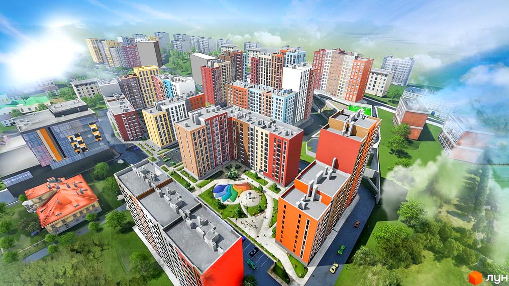 Житловий комплекс Семицвіт з висотними будинками з різнокольоровими фасадами. На території комплексу є дитячий майданчик та зелені зони.