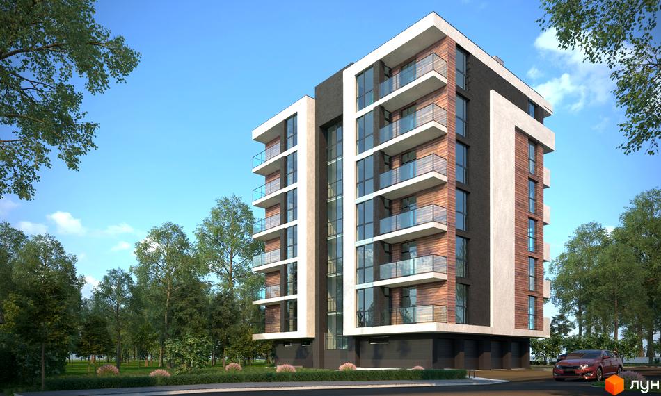 Житловий комплекс Lazur Family: багатоповерхова будівля з комбінованим фасадом, великими вікнами та балконами. Навколо зелений парк з деревами.