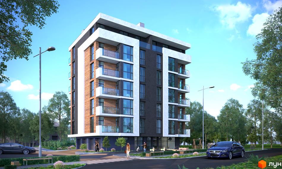 Багатоповерховий будинок Житлового комплексу Lazur Family з білими, темними та дерев'яними фасадами, великими вікнами та балконами. Навколо будинку зелені дерева, дорога та ландшафтний дизайн.