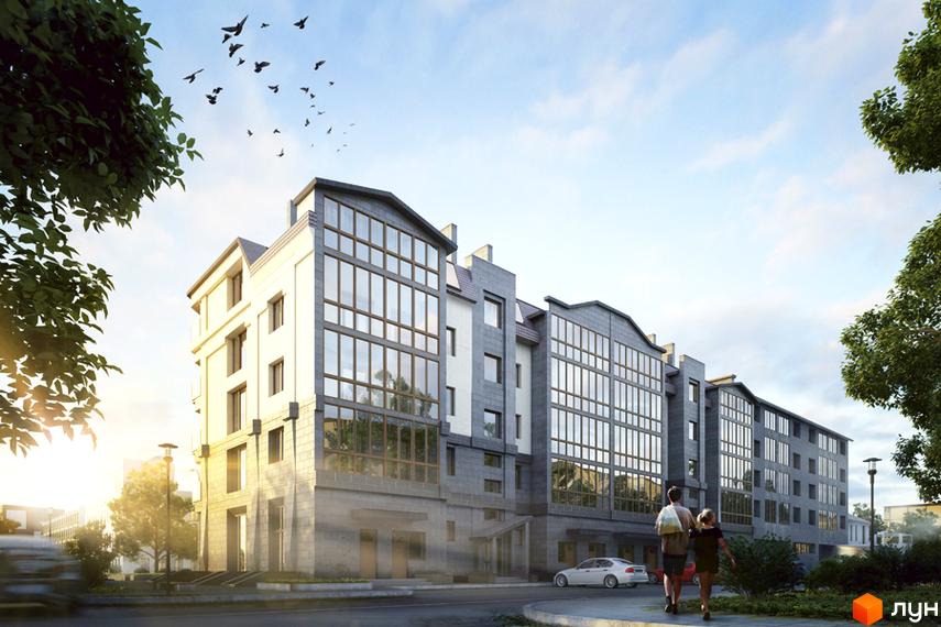 Житловий комплекс Перфект – багатосекційний будинок зі світлими стінами та великими вікнами. Навколо будинку зелені насадження, дорога та пішохідна зона.