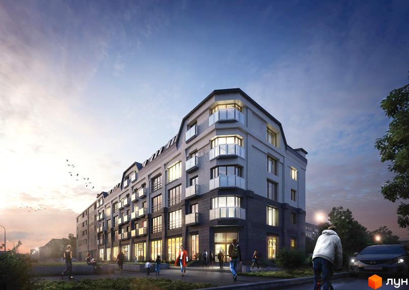 Житловий комплекс Перфект: багатоповерховий будинок з кутовою архітектурою та балконами. Прибудинкова територія має пішохідні зони та зелені насадження.