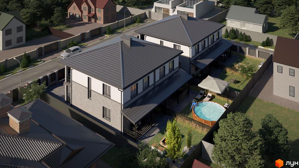 Дуплекси Smart House з темними дахами та світлими фасадами. На прибудинковій території видно зелені газони, басейн та зону відпочинку.