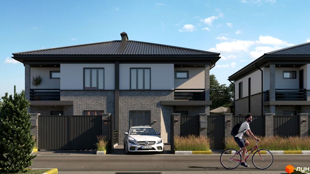 Дуплекси Smart House: два двоповерхові будинки з темно-сірою цеглою на першому поверсі та світлими фасадами. Прибудинкова територія з парковкою та зеленими насадженнями.