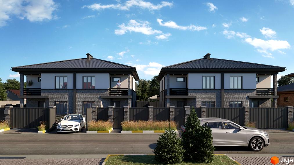 Два двоповерхові дуплекси Smart House з сірої цегли та світлого фасаду. Прибудинкова територія з огорожею, автомобілями та зеленню.