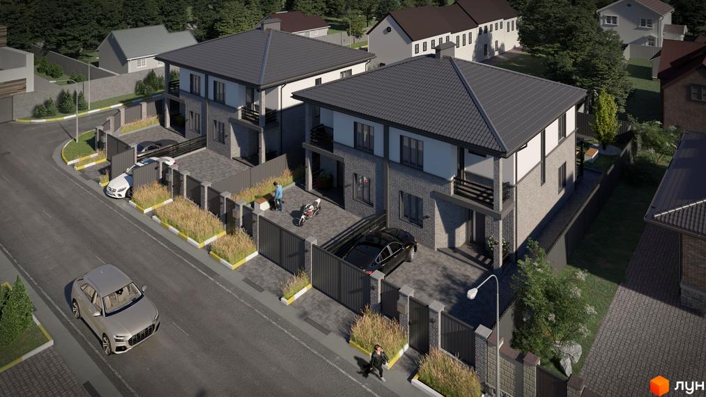 Дуплекси Smart House: вигляд на два будинки з темними дахами та сірими цегляними фасадами. Територія облаштована брукованими подвір'ями та зеленими зонами.