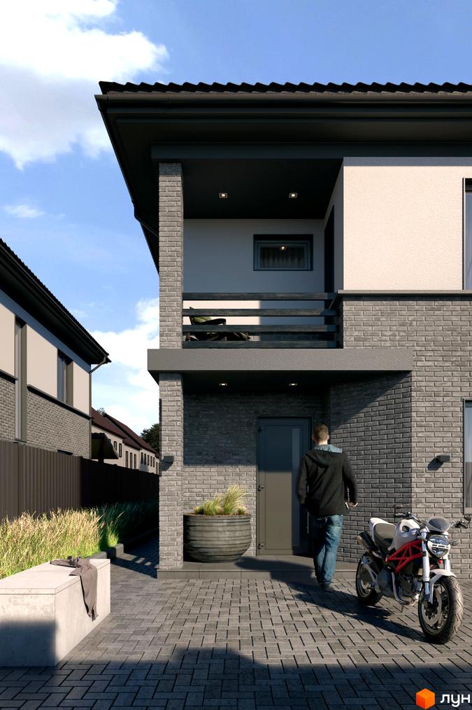 Двоповерховий дуплекс Дуплекси Smart House з сірої цегли та світлої штукатурки, з темним дахом та балконом. Прибудинкова територія вимощена бруківкою, є лавка та озеленення.