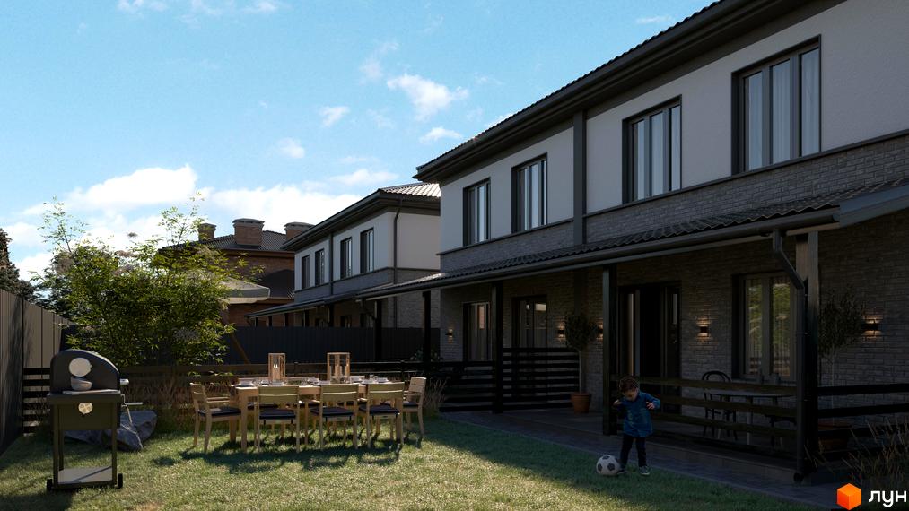 Двоповерхові дуплекси Smart House з фасадом з цегли та світлої штукатурки. На доглянутій прибудинковій території розташовані газон, обідня зона та зона барбекю.