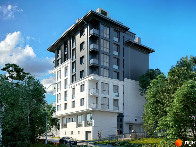 Зображення фасаду та прибудинкової території Житлового комплексу Срібний Дім Комфорт. Багатоповерхова будівля з великими вікнами та зеленими насадженнями.