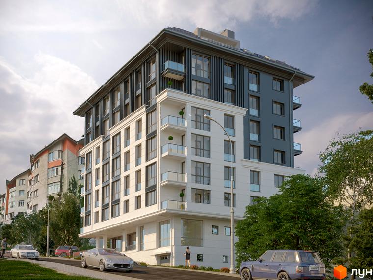 Зображення фасаду та прибудинкової території Житлового комплексу Срібний Дім Комфорт. Багатоповерхова будівля з великими вікнами.