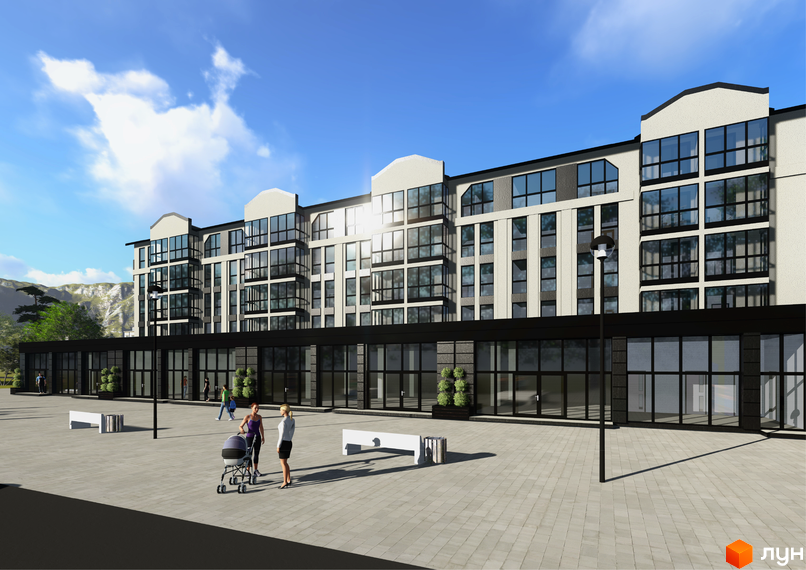 Багатоповерховий будинок Житлового комплексу Перфект Хауз зі світлим фасадом та великими вікнами. Перед ним вимощена площа з пішоходами, лавками та ліхтарями.