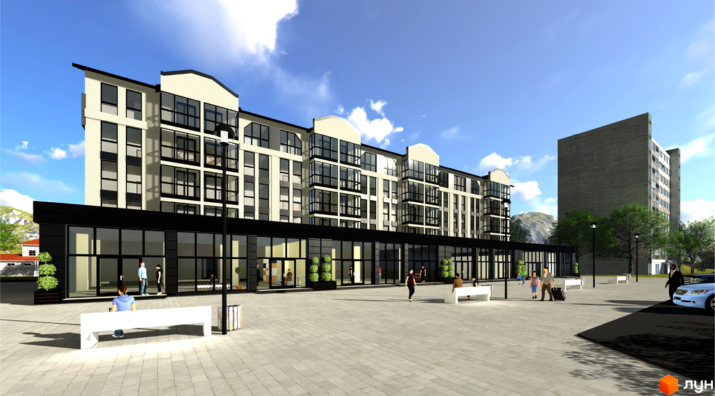 Житловий комплекс Перфект Хауз з світлим фасадом та великими вікнами. Перед будинком простора площа з лавками та пішоходами.