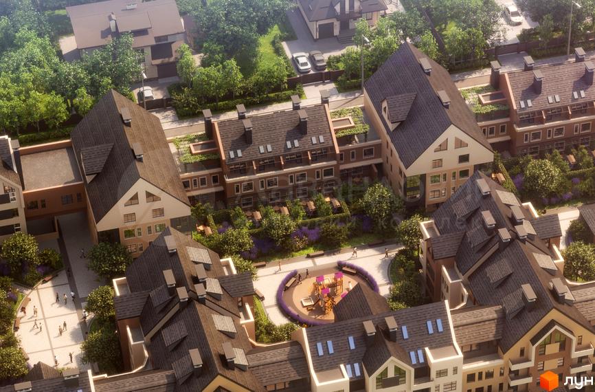 Зображення сторінки Котеджного містечка „Лавандовий“ з виглядом на таунхауси з темними дахами та дитячим майданчиком у дворі.