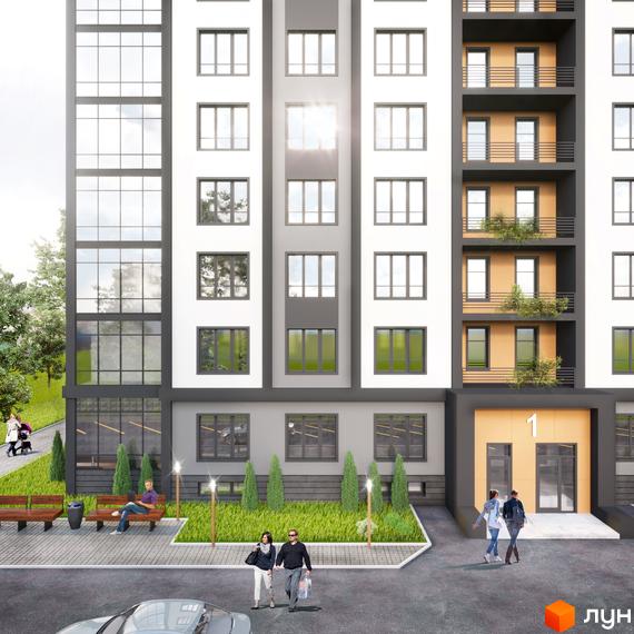 Фасад житлового комплексу з великими вікнами та балконами, зелена прибудинкова територія з лавками та пішохідними доріжками.