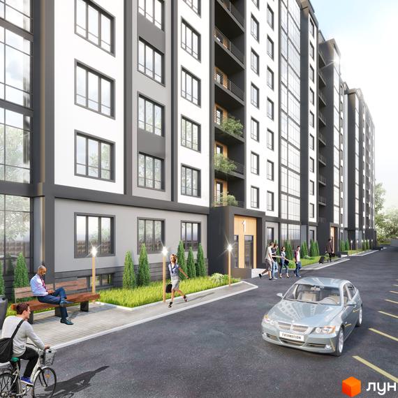 Багатоповерховий житловий комплекс Дім з біло-сірим фасадом та великими вікнами. Прибудинкова територія має пішохідну зону, зелені насадження та парковку.