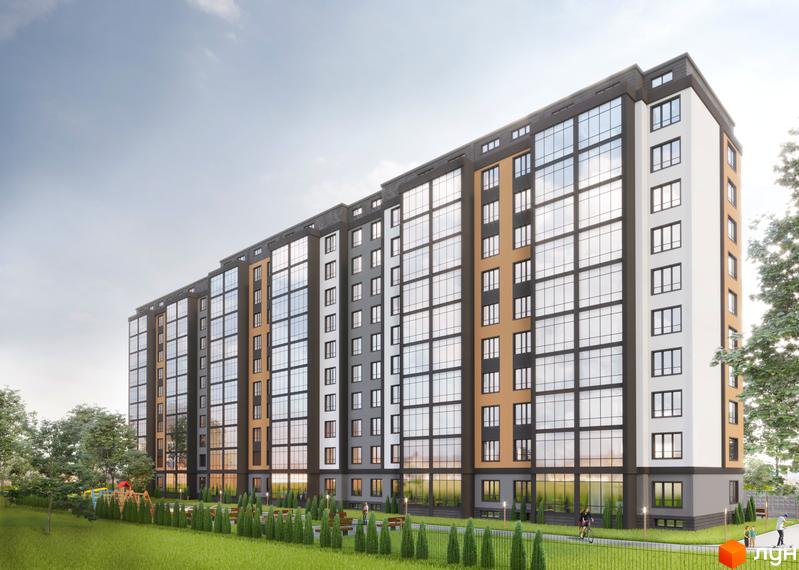 Житловий комплекс Дім: багатоповерховий будинок з комбінованим фасадом та панорамними вікнами. Прибудинкова територія включає газон, доріжки та дитячий майданчик.