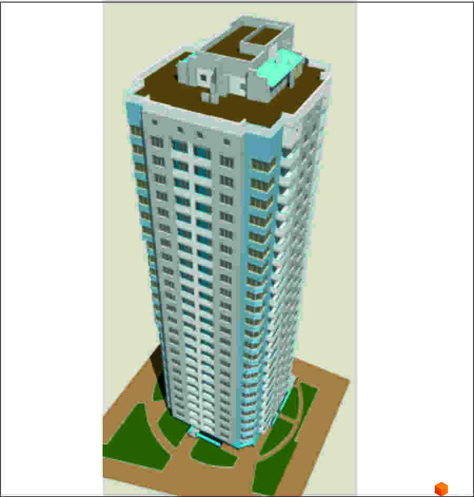 Висока житлова новобудова з сірим фасадом та синіми акцентами на балконах. Біля будівлі облаштовані зелені зони та доріжки.