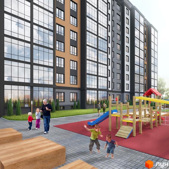 Житловий комплекс Дім з багатоповерховим будинком у темно-сірих та бежевих тонах, поруч дитячий майданчик та зелені насадження.