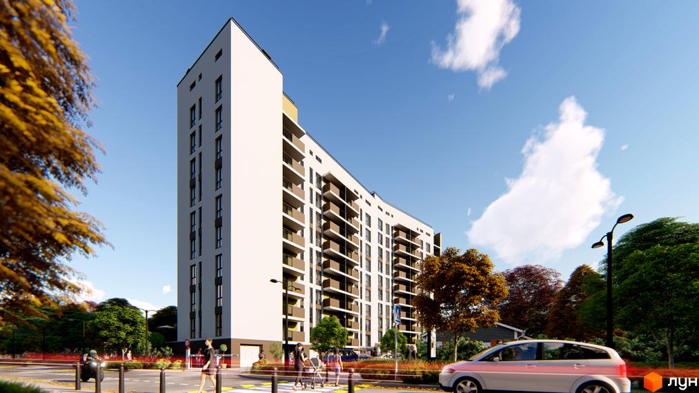 Житловий комплекс Білогірський: багатоквартирний будинок з білим фасадом та балконами, розташований біля дороги з деревами та пішоходами.