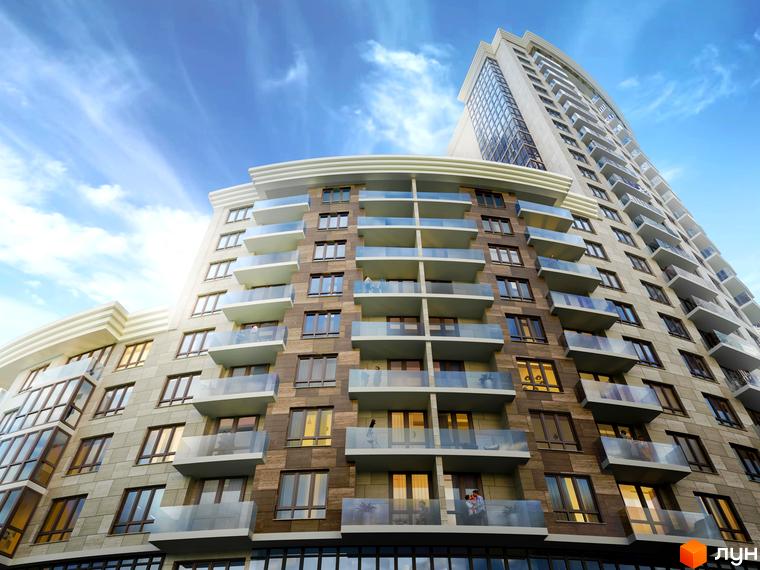 Зовнішній вигляд житлового комплексу Cardinal з балконами та скляними фасадами на тлі блакитного неба. Сучасна архітектура новобудови.