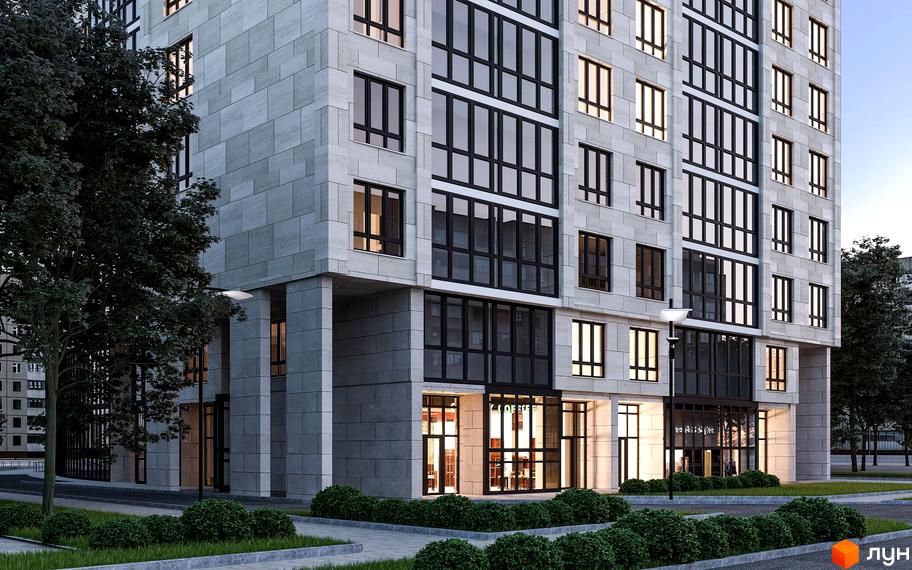 Зовнішній вигляд новобудови ЖК Cardinal з сірим фасадом та великими вікнами. Навколо будинку розташовані зелені насадження та доглянута прибудинкова територія.