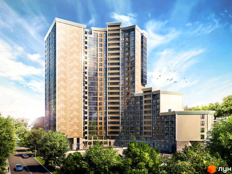 Житловий комплекс Cardinal – це висотна будівля з фасадом, оздобленим світлим каменем та скляними елементами. Навколо комплексу розташовані зелені насадження та дорога з автомобілями.