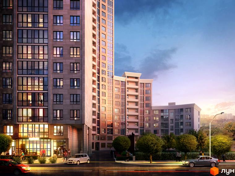 ЖК Cardinal - сучасний житловий комплекс з багатоповерховими будинками та доглянутою прибудинковою територією. Зовнішній вигляд будівель та зелені насадження.