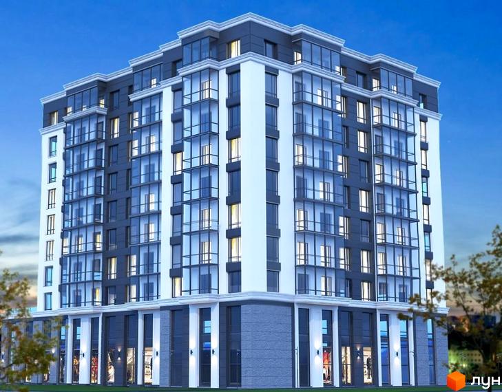 Житловий комплекс Олімп: багатоповерхова будівля з біло-сірим фасадом, скляними балконами та комерційними приміщеннями на першому поверсі.