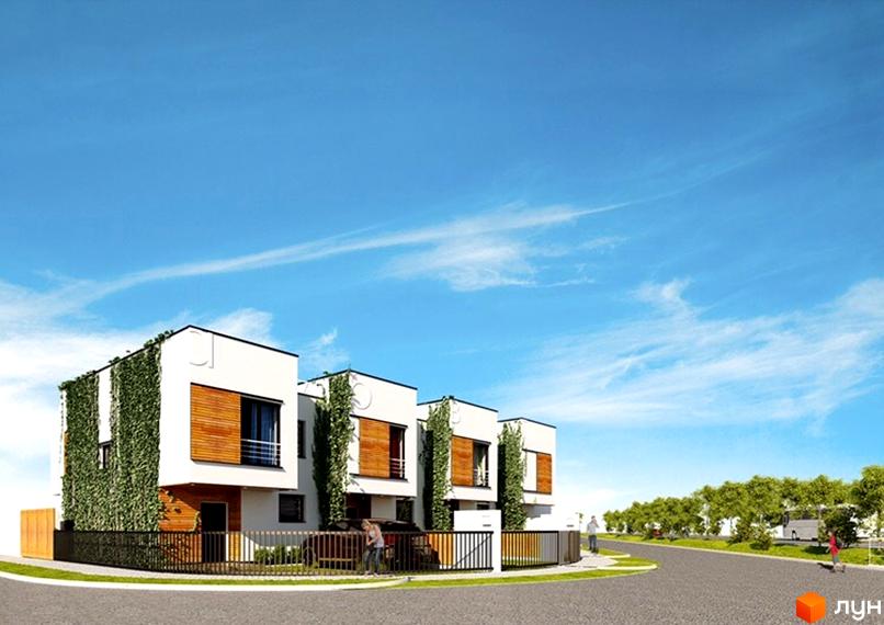 Таунхауси Monaco: білі будинки з дерев'яними елементами та зеленими вертикальними садами. Навколо дорога, зелені газони та огорожа.