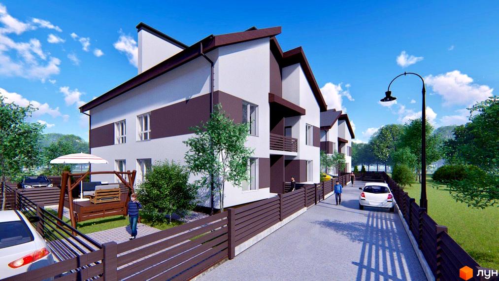 Котеджі Котеджного містечка Софія Таун 2 з білими та темно-коричневими фасадами. Прибудинкова територія має зелені насадження та паркувальні місця.