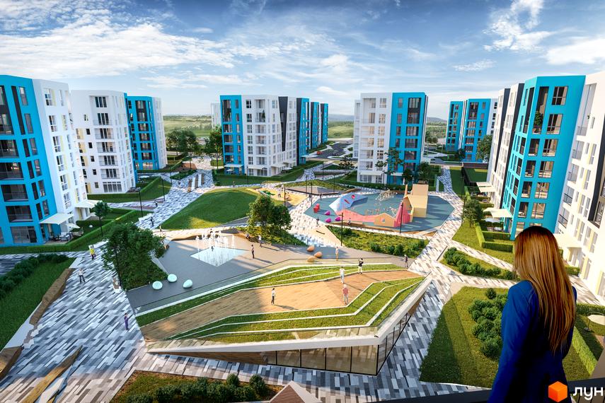 Багатоповерхові будинки Житлового комплексу Vlasna з біло-блакитними фасадами та балконами, оточені зеленими газонами, дитячими майданчиками та фонтанами.