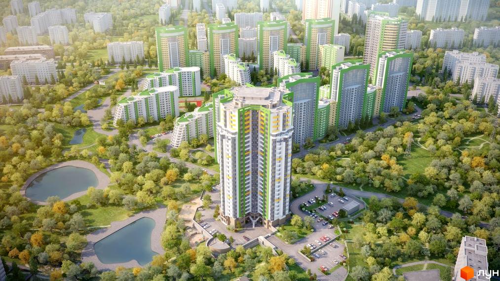 Паркова Вежа - житловий комплекс з високими будинками та зеленою прибудинковою територією з озерами та парковками.