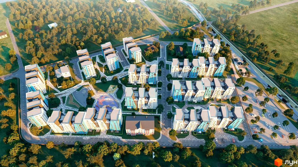 Новобудова Vlasna: аерофото багатоповерхових будинків світлих тонів. На території є дороги, паркінги та зелені зони з майданчиками.