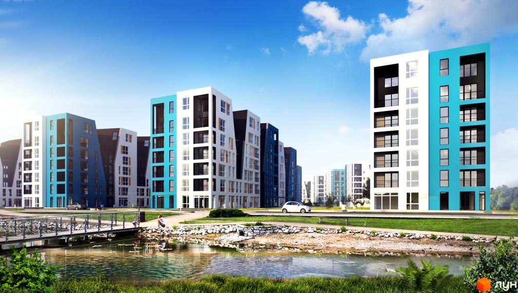 Житловий комплекс Vlasna: архітектура будівель з похилими елементами та яскравими фасадами. На передньому плані водойма та місток.