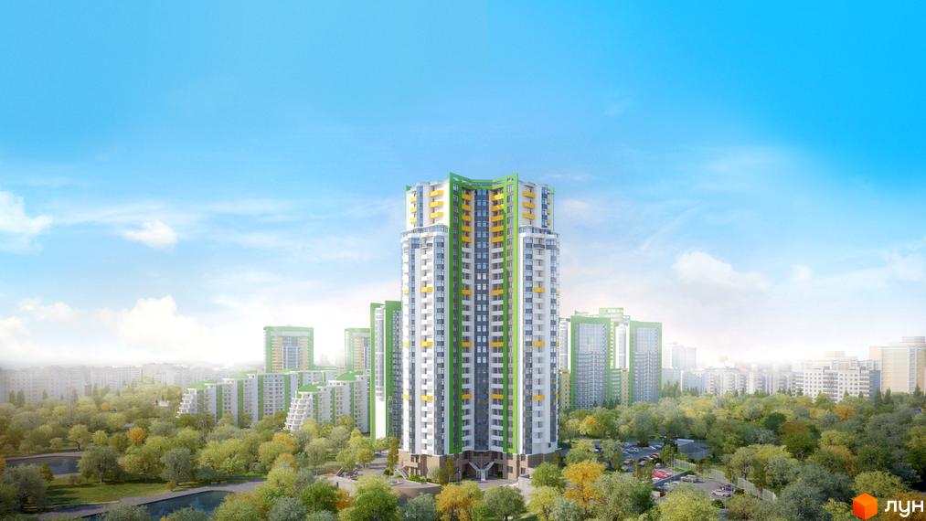 Паркова Вежа - житловий комплекс з високою центральною будівлею та зеленими елементами. Навколо комплексу розташований парк з деревами та водоймою.