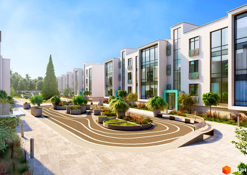 Зовнішній вигляд новобудови ЖК Ібіс з білою фасадною цеглою та великими вікнами, прибудинкова територія з ландшафтним дизайном та місцями для відпочинку.