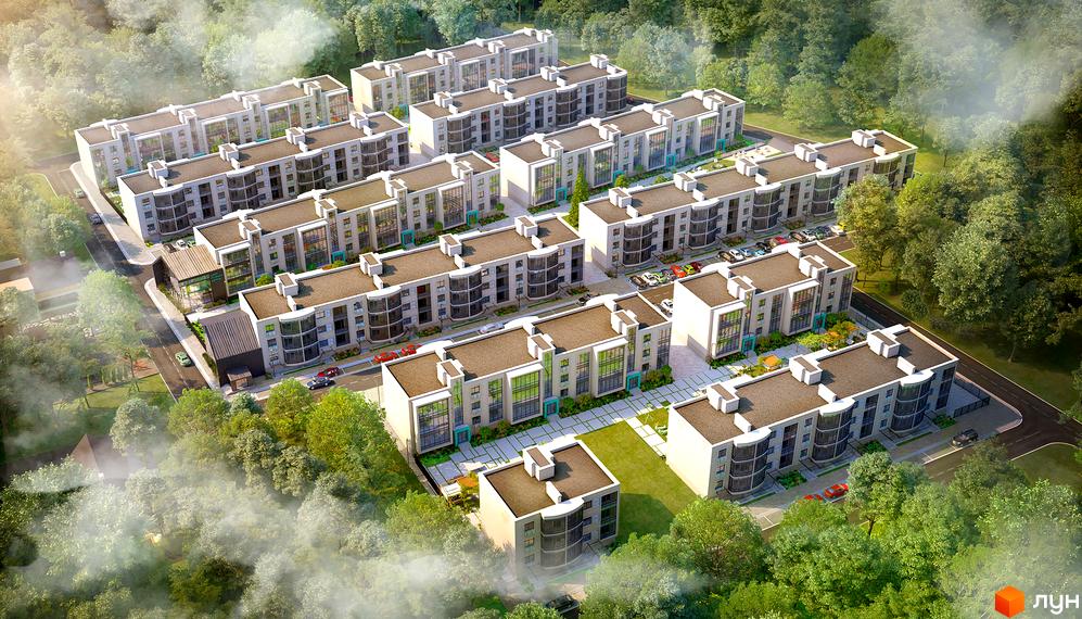 Житловий комплекс Ібіс - це сучасна новобудова з багатоповерховими будинками та доглянутою прибудинковою територією. На зображенні видно фасади будівель, вікна та зелені насадження навколо.