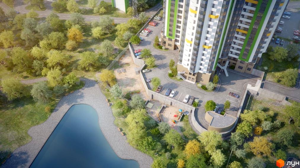 Паркова Вежа - житловий комплекс з багатоповерховими будинками та прибудинковою територією з озелененням та місцями для відпочинку.