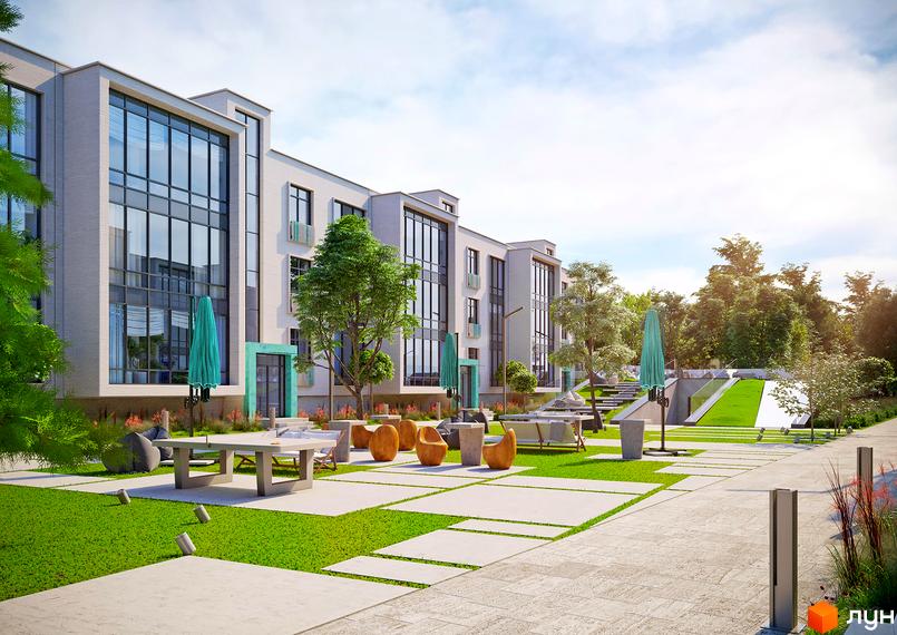 Новобудова ЖК Ібіс з великими вікнами та зеленою прибудинковою територією з зонами відпочинку. Сучасний екстер'єр та ландшафтний дизайн.