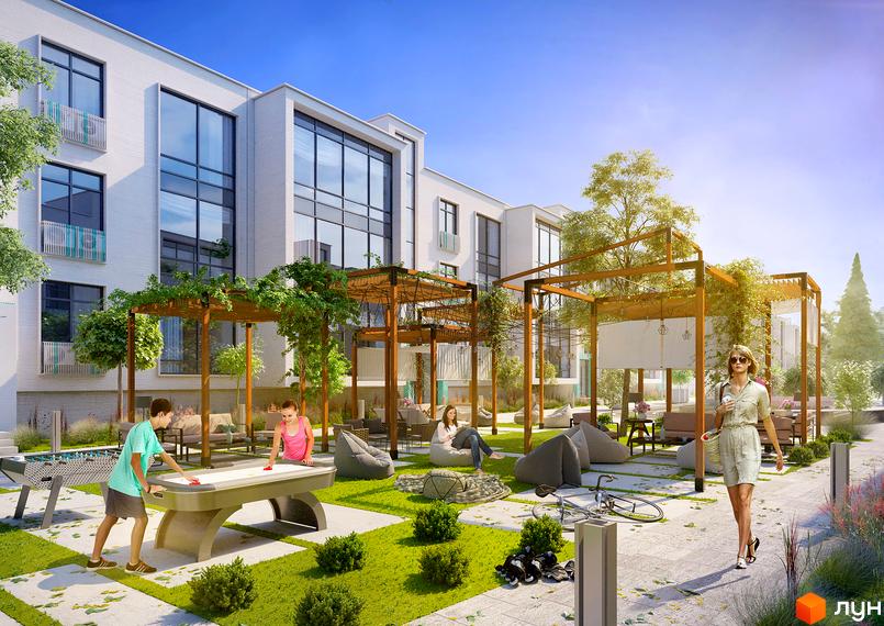 Житловий комплекс Ібіс з білою фасадною обробкою та великими вікнами. На прибудинковій території розташовані зони відпочинку з альтанками та місцями для ігор.