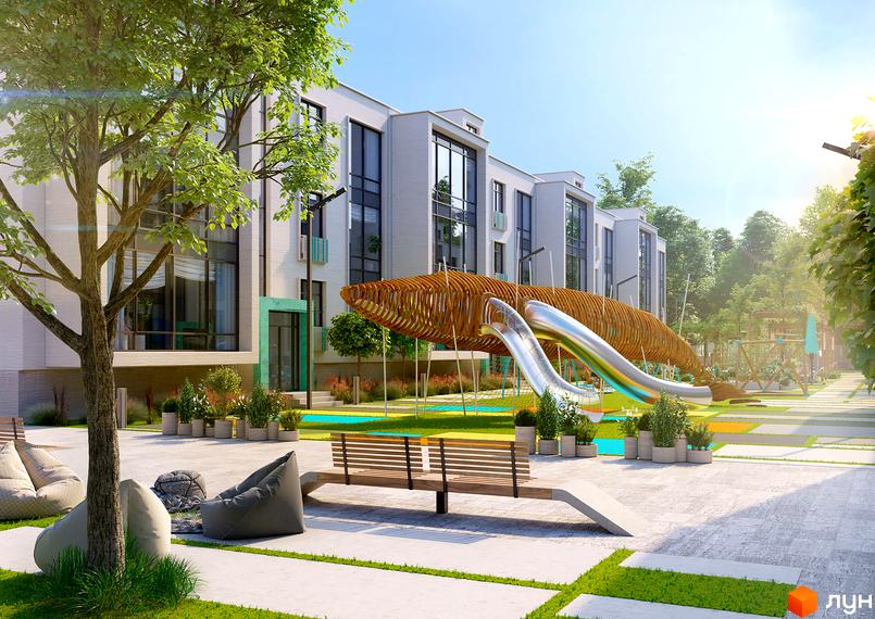 Житловий комплекс Ібіс з дитячим майданчиком та зоною відпочинку. Сучасна архітектура будівель та доглянута прибудинкова територія.