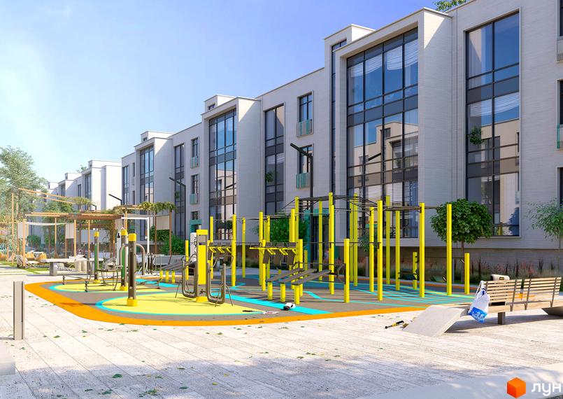 Новобудова ЖК Ібіс з великими вікнами та спортивним майданчиком на прибудинковій території. Сучасний комплекс з зоною для відпочинку та тренувань.