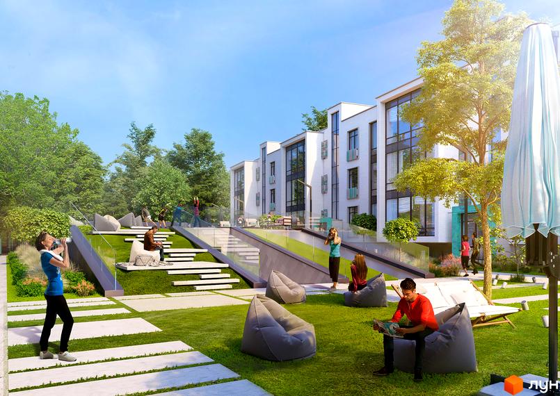 Житловий комплекс Ібіс з білими фасадами та панорамними вікнами. На прибудинковій території розташовані зелені зони відпочинку з лаунж-зонами та місцями для сидіння.