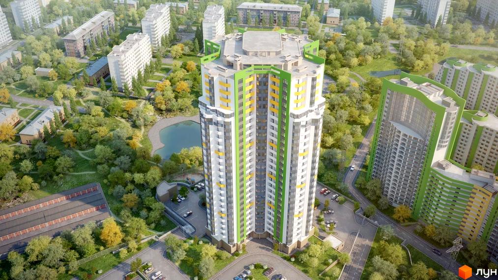 Паркова Вежа - висотна новобудова з біло-зеленим фасадом та жовтими акцентами, оточена парком з озером та іншими житловими будинками.