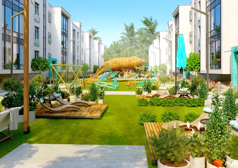 Житловий комплекс Ібіс з дитячим майданчиком та зонами відпочинку. Сучасні білі будинки з великими вікнами та зеленою прибудинковою територією.