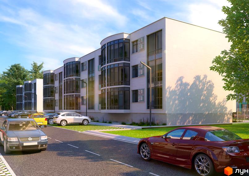 Будівельний проєкт Ібіс з вигнутими фасадами та великими вікнами, паркуванням та зеленою зоною навколо.