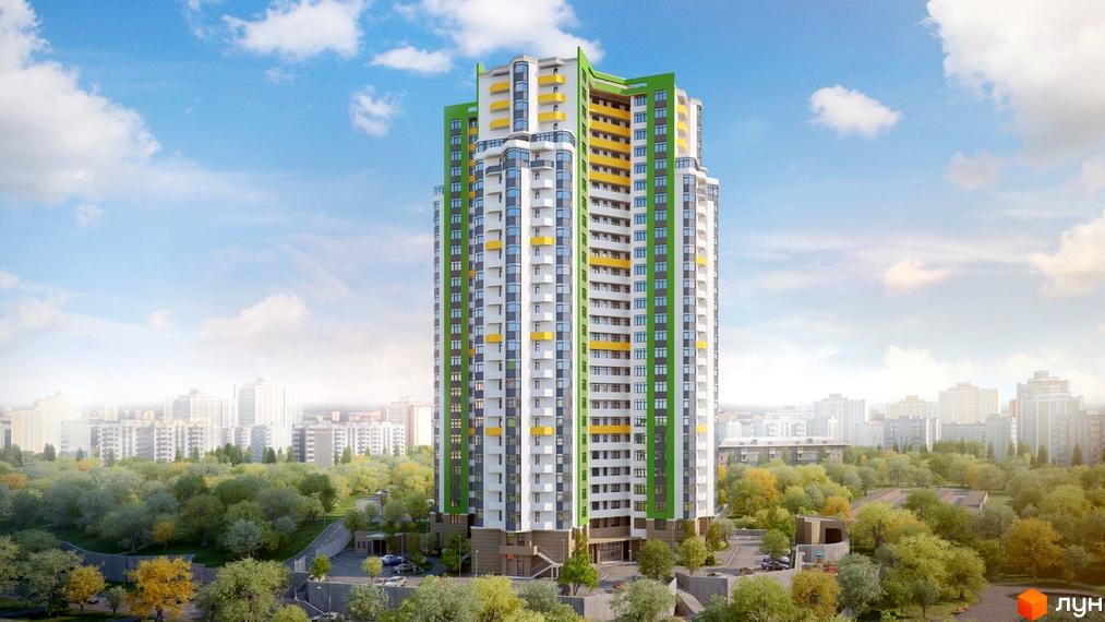 Паркова Вежа - це житловий комплекс з яскравим фасадом, що складається з білих, зелених та жовтих елементів. Навколо будівлі розташований зелений парк з деревами та міський пейзаж.