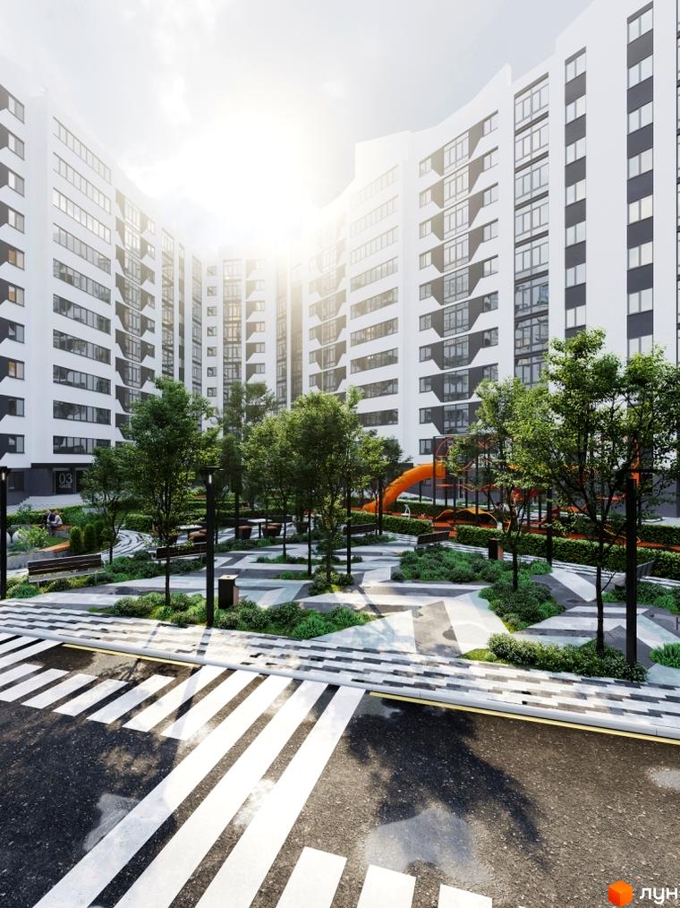 Зображення фасаду та прибудинкової території Житлового комплексу Авіатор. Вигляд на будівлю та зелену зону з ландшафтним дизайном.