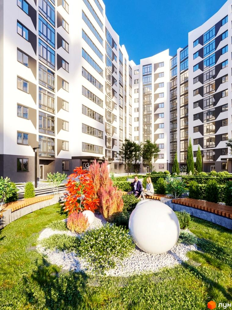 Житловий комплекс Авіатор. Зовнішній вигляд будівель з білими фасадами та темними елементами, великими вікнами. Прибудинкова територія з ландшафтним дизайном, зеленими насадженнями та місцями для відпочинку.